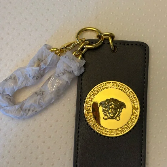 Versace Gray Leather Medusa Keychain Tag with Gold Tone Medallion - Picture 2 of 8